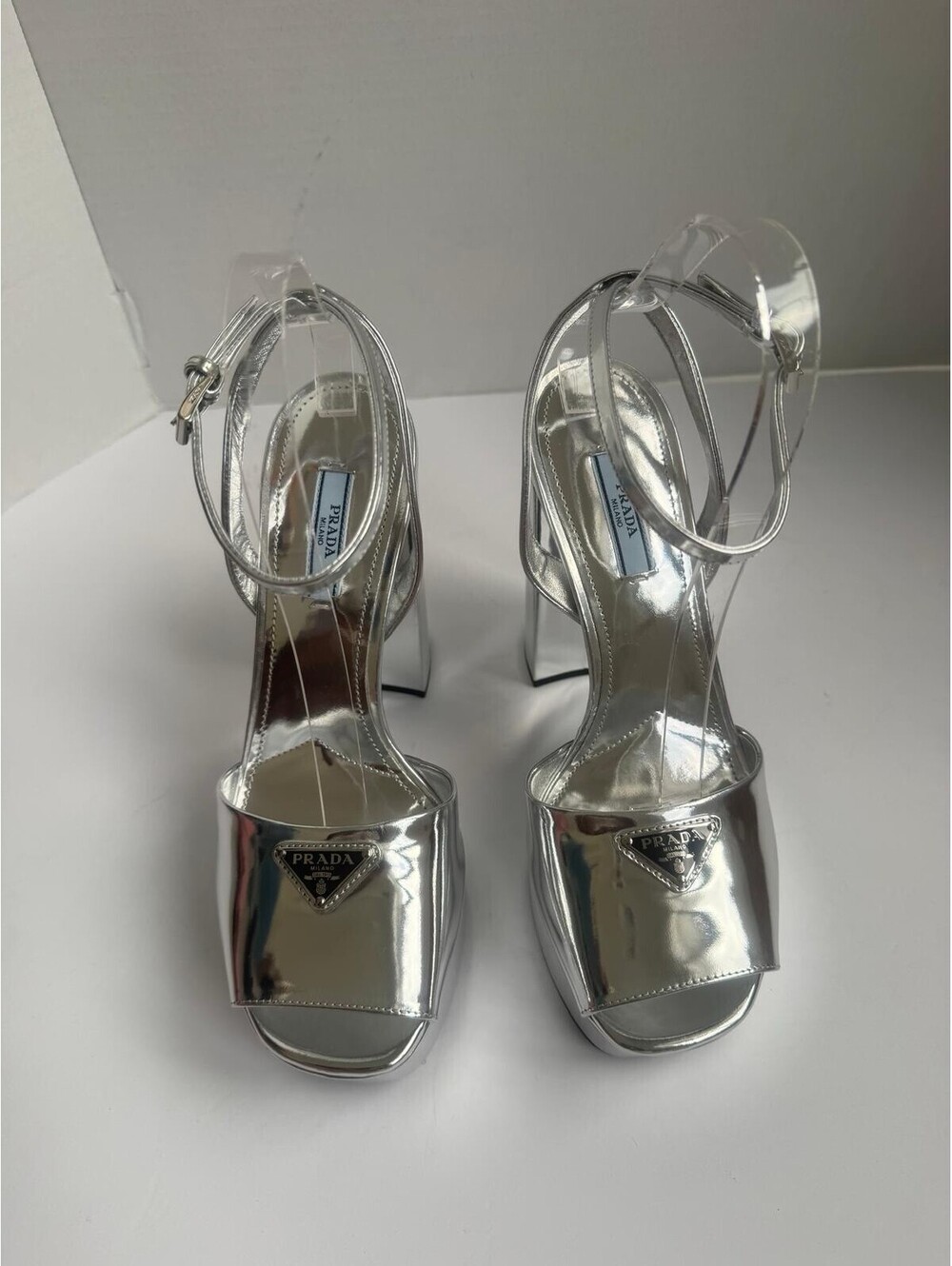 Prada Metallic Leather Platform Logo Sandals — Argento Silver Specchio -Size 39